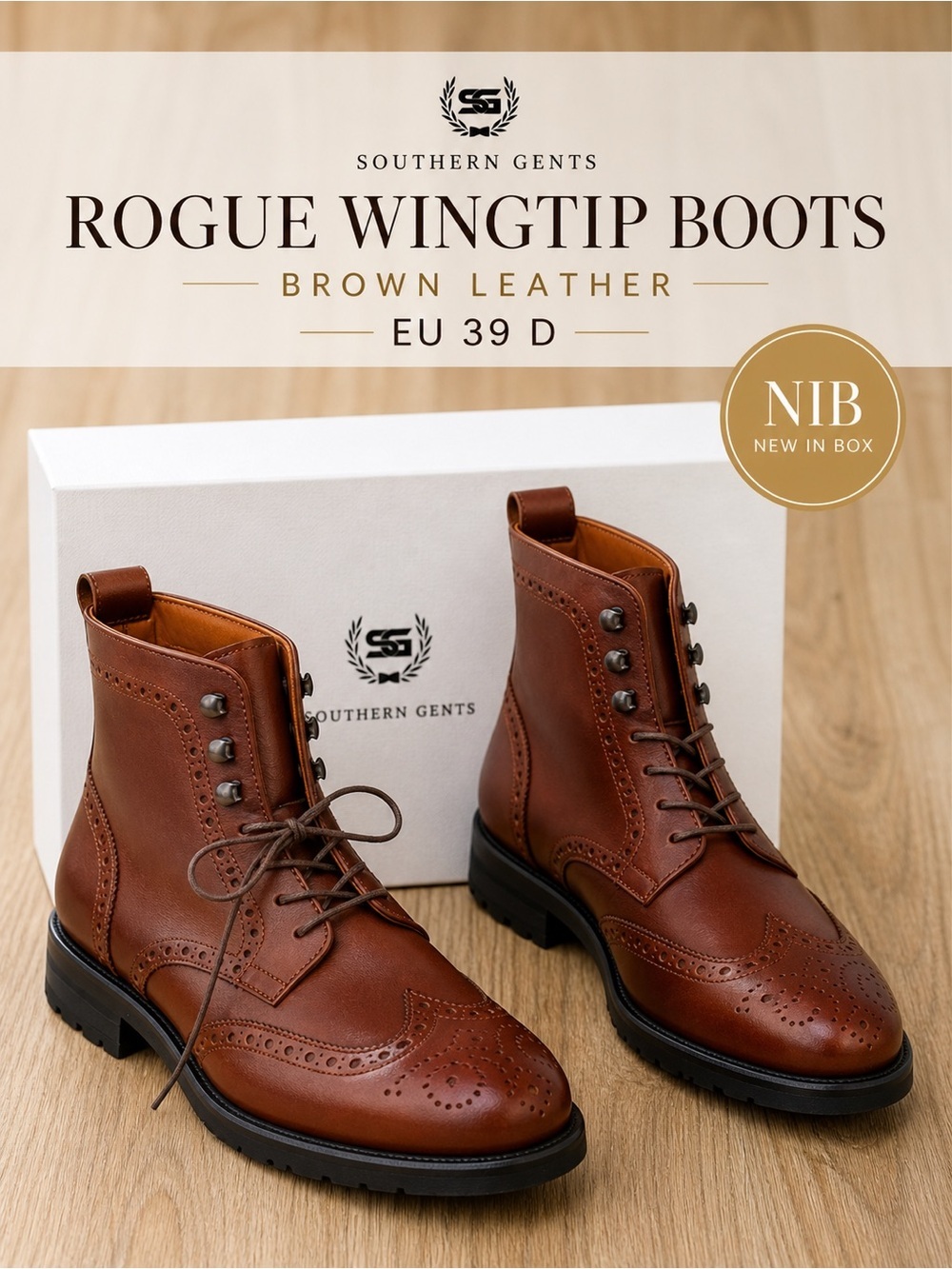 Southern Gents SG Rogue Wingtip Boots Brown Leather Size EU 39 D